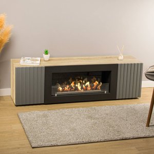 Тумба под ТВ с биокамином SteelHeat LIVORNO IMPULSE 140 см (корпус дуб Сонома / фасады Гротто Гранит)